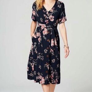 J. Jill Women’s XS Floral Midi V Neck Dress Button Detail Short Sleeve Feminine